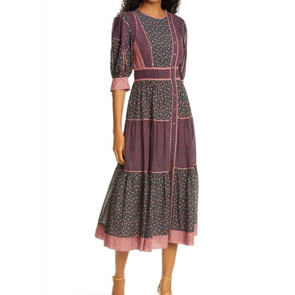 Ulla Johnson Women's Verona Floral Puff Sleeve Patchwork Midi Dress Size 6 - Picture 1 of 16